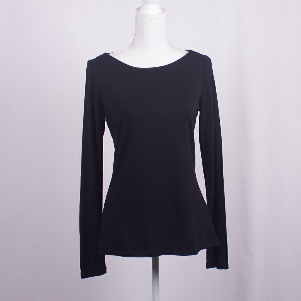 FLAX Black Minimalist Casual Chic Super Soft Boat Neck Long Sleeve Top Size S
